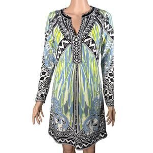 Hale Bob Tunic Dress Green Blue Geometric Beaded V Neck Boho Mini Size S